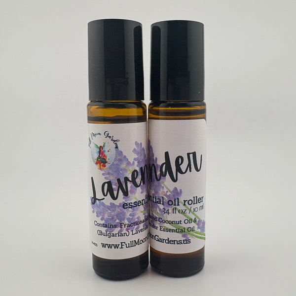 Two essential oil roller bottles labeled 'Lavender' on a white background