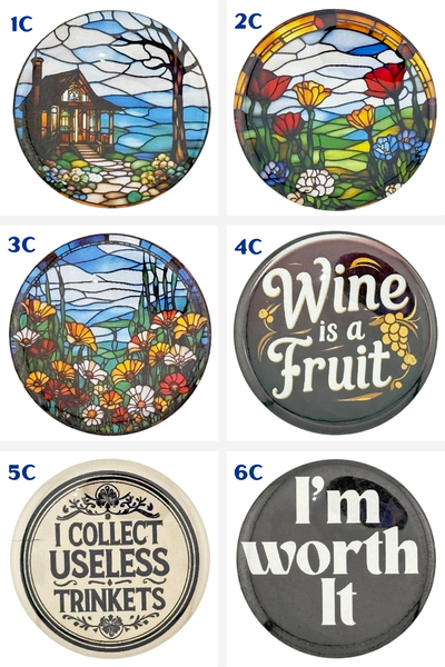 Stained Glass & Fun Phrases -  2.25" Pinback Buttons & Magnets