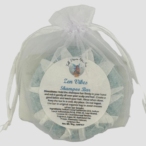 Full Moon Gardens concentrated solid Shampoo/body wash bar in a white organza with a label on a light gray background